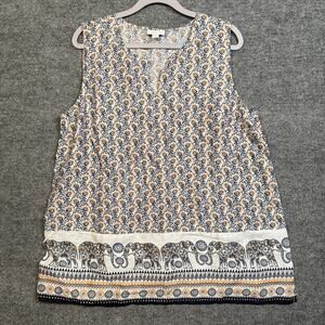 J.Jill Love Linen Petite Large Elephant Floral Boho Top Tan Gray Split Neck